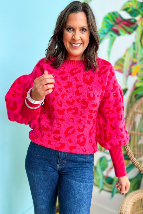 Hot Pink Red Animal Print Balloon Sleeve Sweater, frill neck detail, holiday look, chic, must have, mom style, elevated look, shop style your senses by mallory fitzsimmons