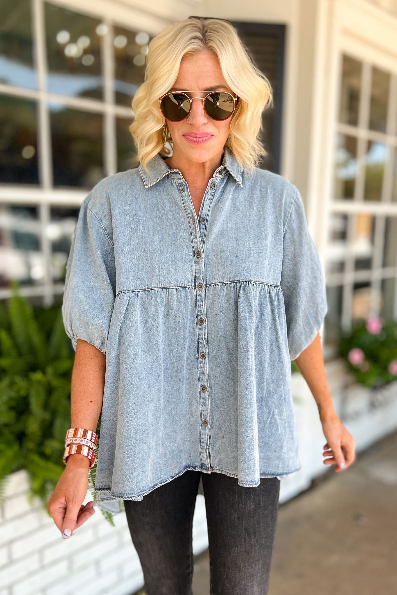 Load image into Gallery viewer, Light Denim Puff Sleeve Collared Button Down Babydoll Tunic Top, fall fashion, must have, date night, elevated look, mom style, shop style your senses by mallory fitzsimmons
