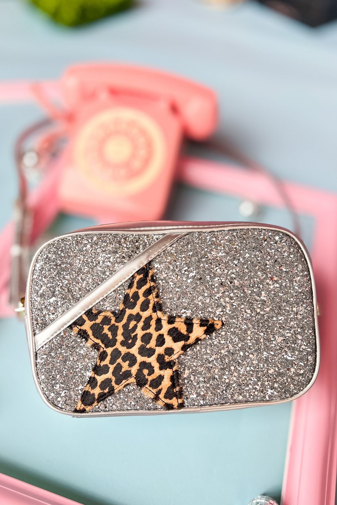 Silver Glitter Animal Print Star Crossbody Bag, star detail, crossbody, adjustable strap, must have, everyday wear, shop style your senses by mallory fitzsimmons