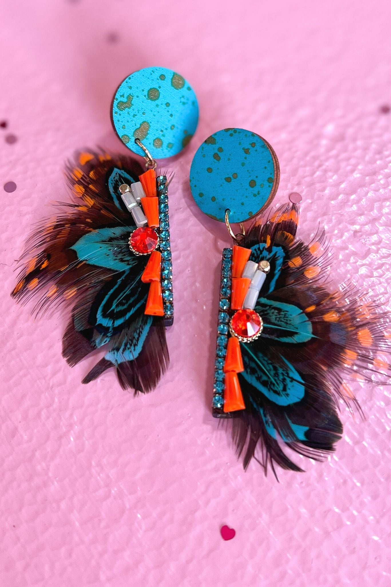 Turquoise Feather Rhinestone Dangle Earrings