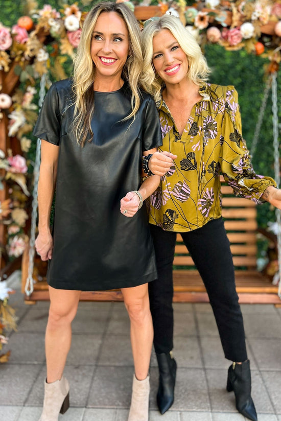 Load image into Gallery viewer, Black Faux Leather Round Neck Shift Dress, fall fashion, fall must have, mom style, thanksgiving look, leather, shop style your senses by mallory fitzsimmons
