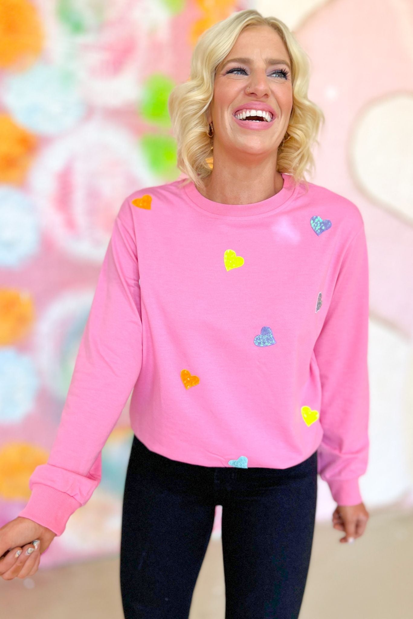 Pink Colorful Sequin Heart Patch Pullover