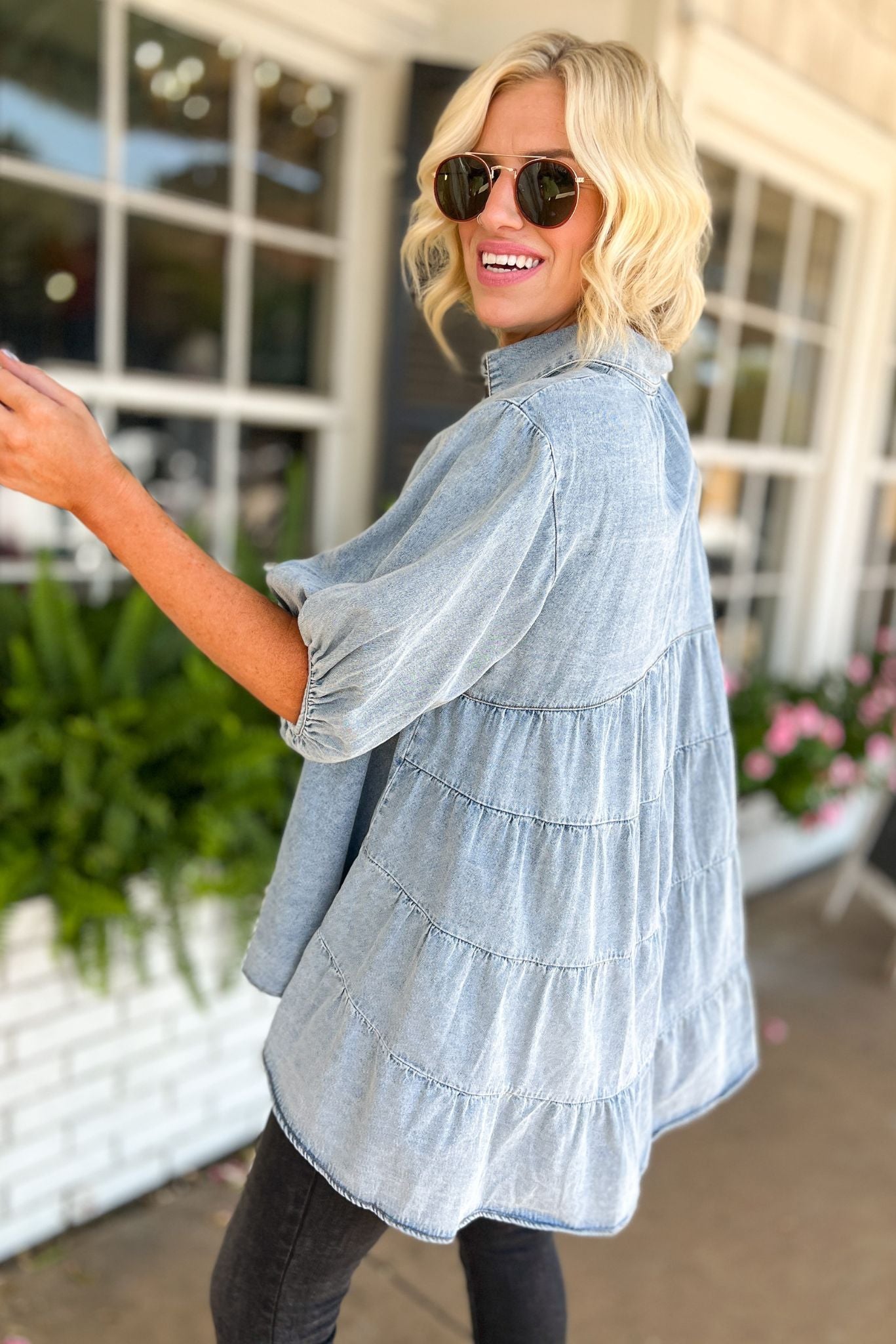 Load image into Gallery viewer, Light Denim Puff Sleeve Collared Button Down Babydoll Tunic Top, fall fashion, must have, date night, elevated look, mom style, shop style your senses by mallory fitzsimmons
