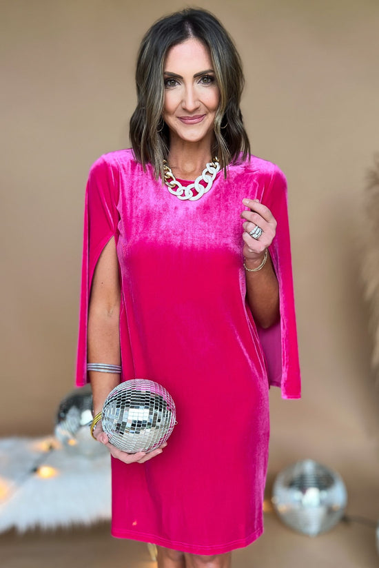 Load image into Gallery viewer, Fuchsia Velvet Slit Sleeve Shift Dress, fall fashion, velvet, must have, mom style, chic, elevated look, shop style your senses by mallory fitzsimmons
