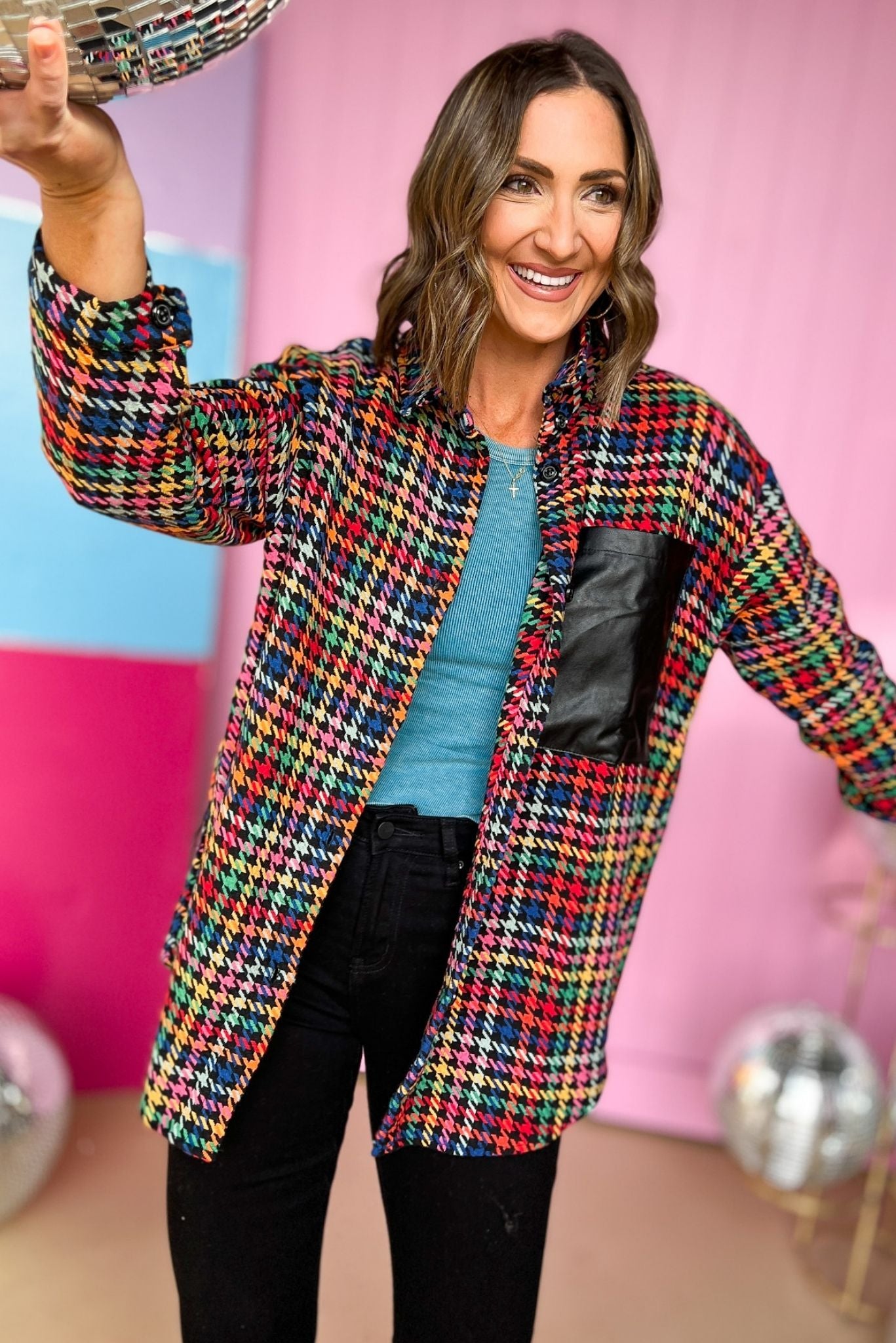 Load image into Gallery viewer, Colorful Houndstooth Black Faux Leather Pocket Shacket, fall fashion, layered look, must have, mom style, elevated look, shop style your senses by mallory fitzsimmons
