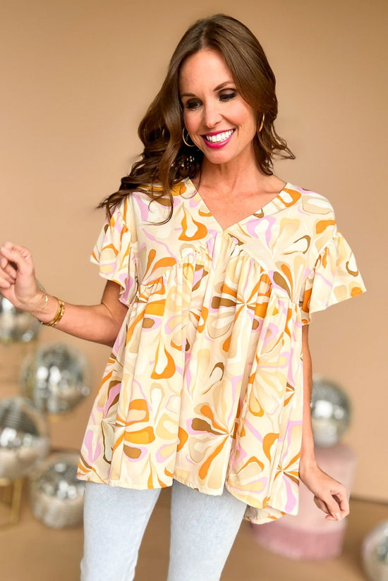 Tan Printed V Neck Short Sleeve Babydoll Top, swirl print, babydoll top, v neck, muist have, shop style your senses by mallory fitzsimmons