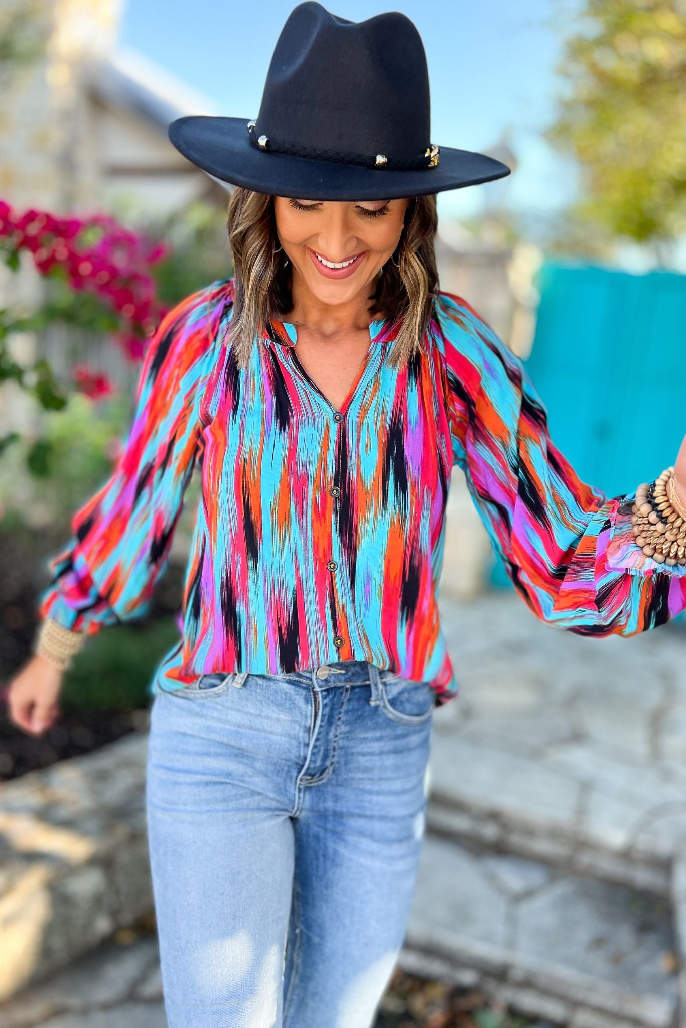 Turquoise Printed Split V Neckline Button Down Top, vibrant fall, fall fashion, must have, button detail, everyday wear, shop style your senses by mallory fitzsimmons