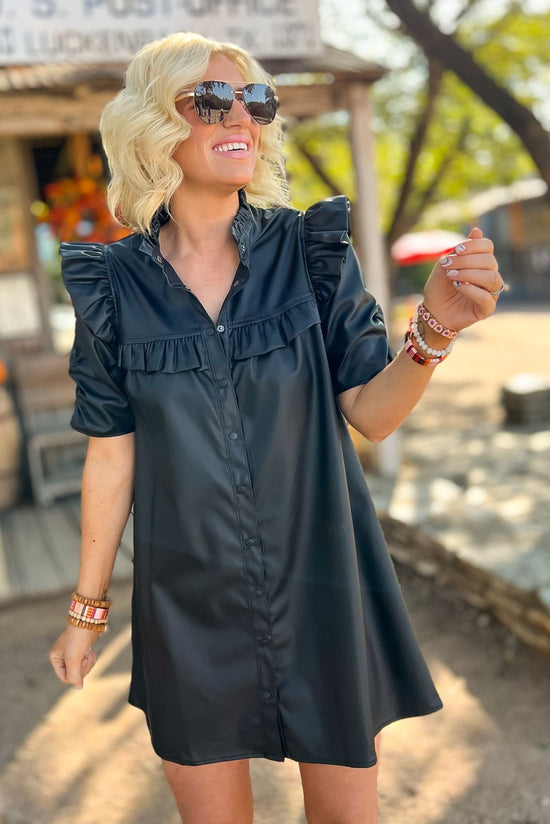 Black Faux Leather Ruffle Hem Button Up Dress, elevated look, mom style, chic, edgy look, date night look, faux leather, shop style your senses by mallory fitzsimmons