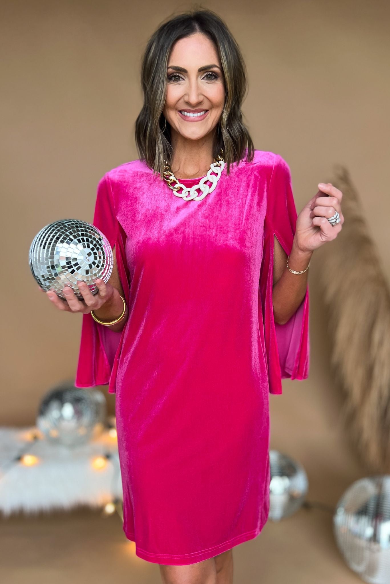 Load image into Gallery viewer, Fuchsia Velvet Slit Sleeve Shift Dress, fall fashion, velvet, must have, mom style, chic, elevated look, shop style your senses by mallory fitzsimmons
