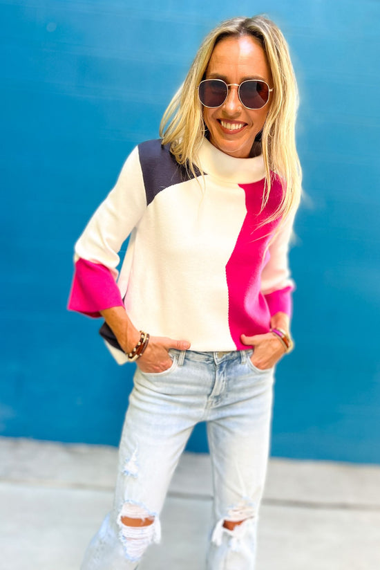 Load image into Gallery viewer, Cream Pink Grey Colorblock Mock Neck Bell Sleeves Sweater, mock neck detail, fall must have, trendy, mom style, shop style your senses by mallory fitzsimmons

