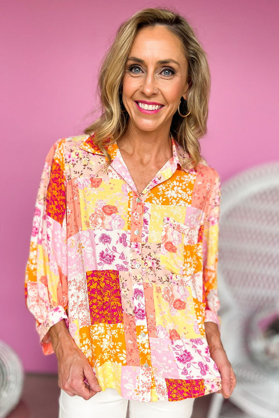 Orange Yellow Patchwork Floral Collared Button Down Top, smock sleeve detail, spring style, mom style, must have, shop style your senses by mallory fitzsimmons