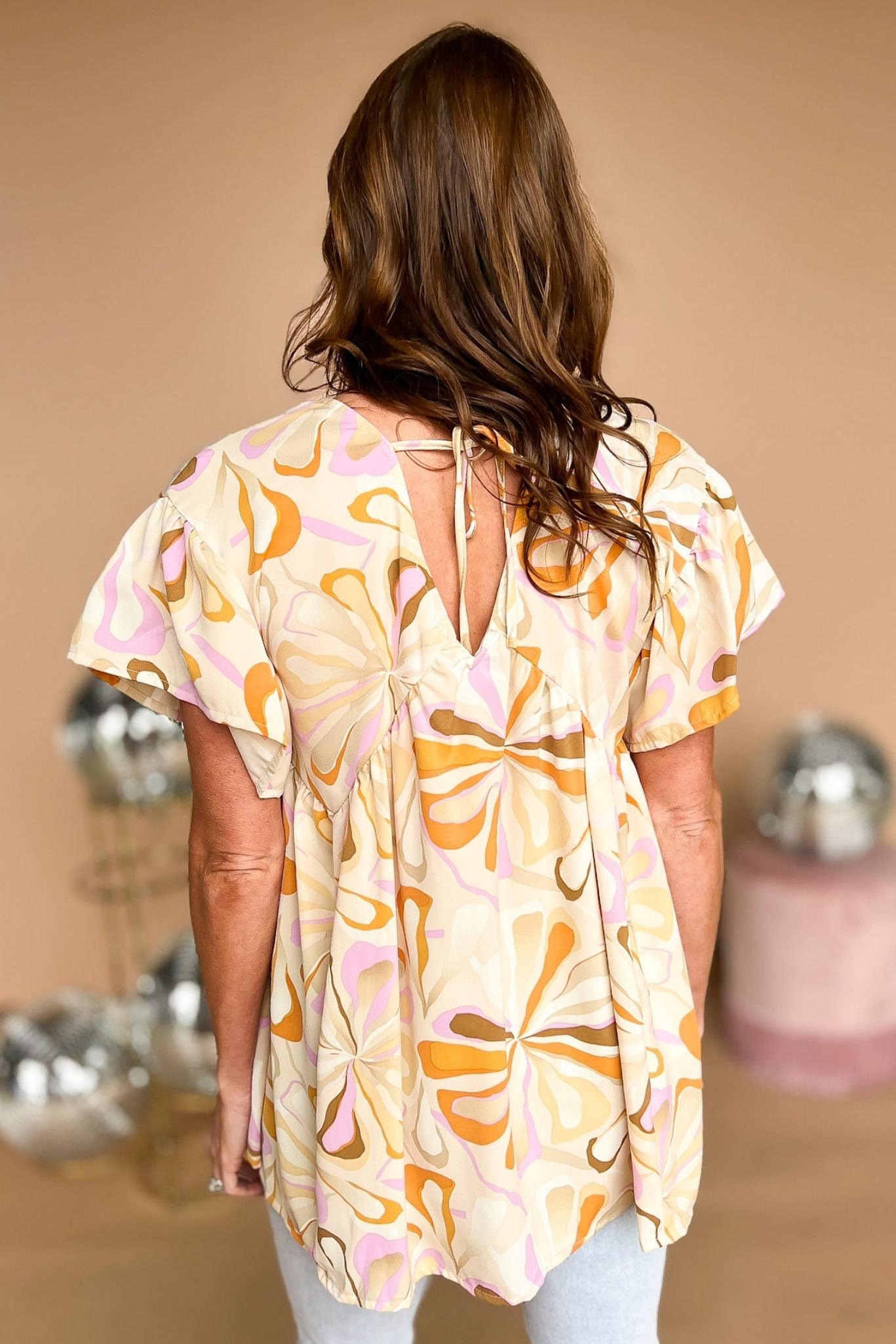 Load image into Gallery viewer, Tan Printed V Neck Short Sleeve Babydoll Top, swirl print, babydoll top, v neck, muist have, shop style your senses by mallory fitzsimmons
