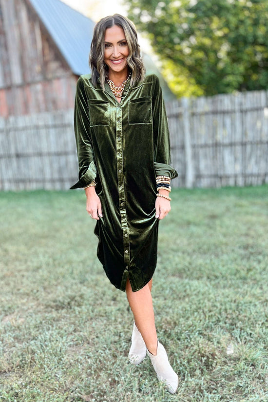 Olive Velvet Collared Button Down Midi Dress, fall fashion, family photo looks, must have, fall must have, mom style, velvet, shop style your senses by mallory fitzsimmons