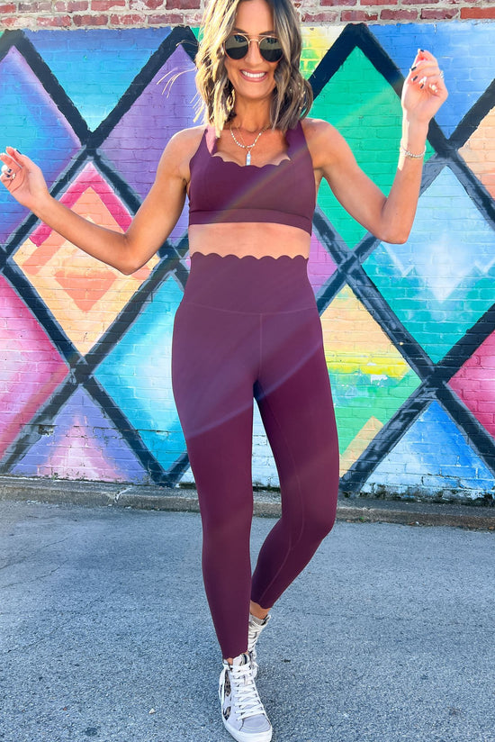 Load image into Gallery viewer, Burgundy Scallop Edge Seamless Leggings SSYS The Label
