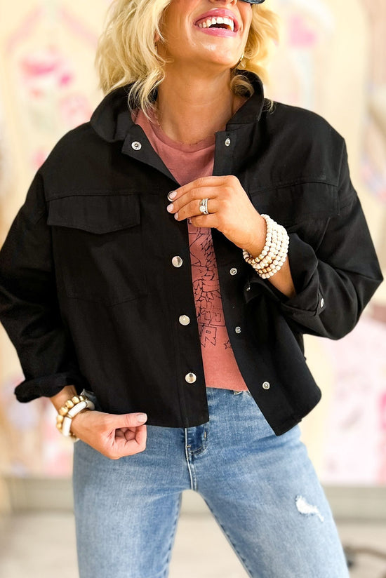 Black Front Pocket Snap Button Shacket, fall shacket, fall must have, transition piece, layered look, trendy, shop style your senses by mallory fitzsimmons