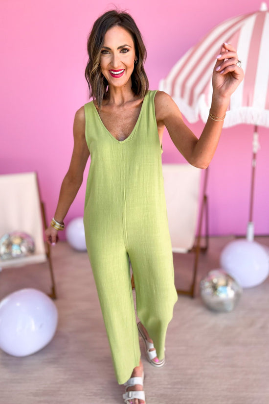 Load image into Gallery viewer, Green V Neck Sleeveless Straight Leg Linen Blend Jumpsuit, v neck, linen, easy fit, must have, summer staple, shop style your senses by mallory fitzsimmons
