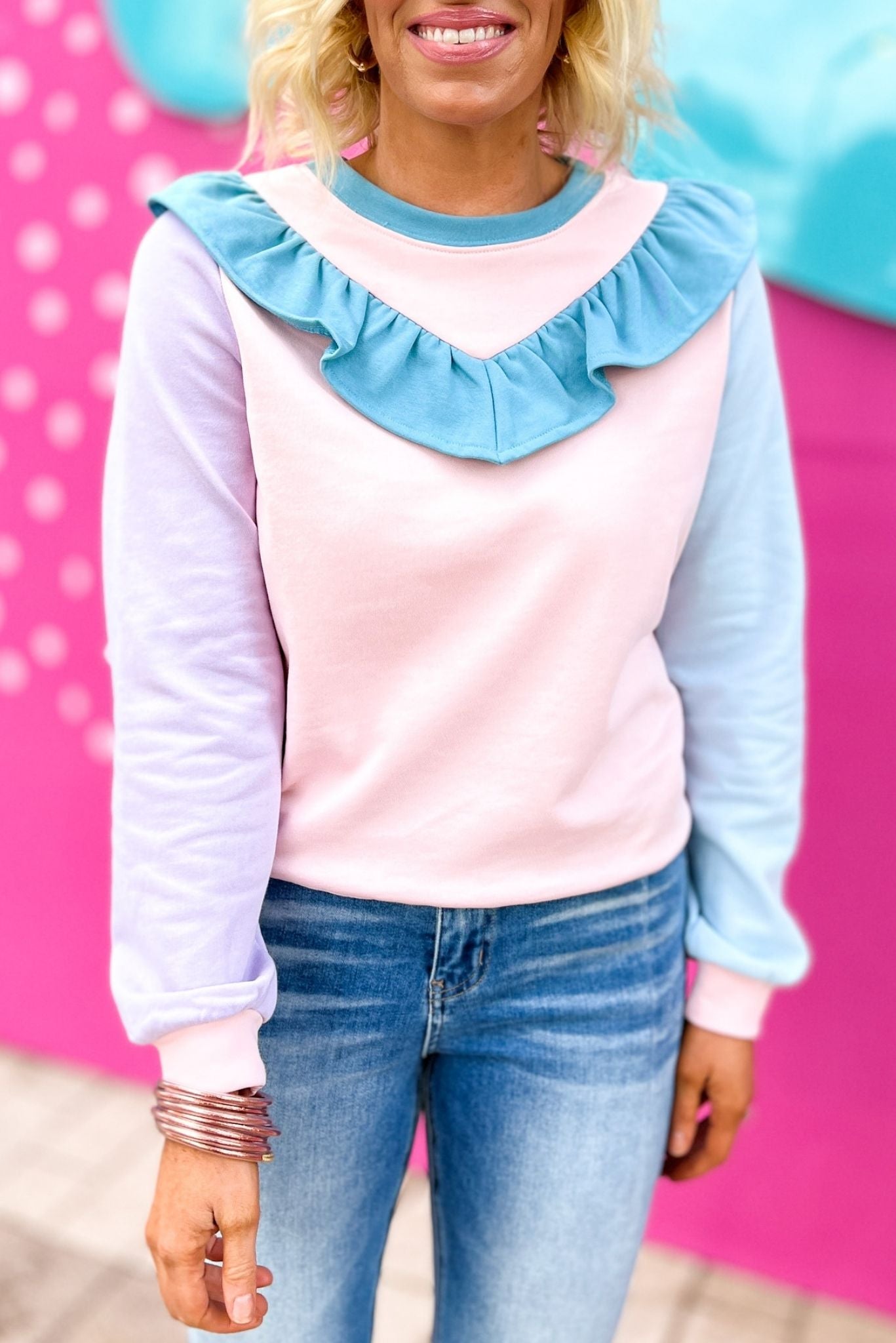 Load image into Gallery viewer, Pink Blue Colorblock Ruffle Sweater by Karlie, everyday glam, must have, mom style, chic, shop style your senses by mallory fitzsimmons
