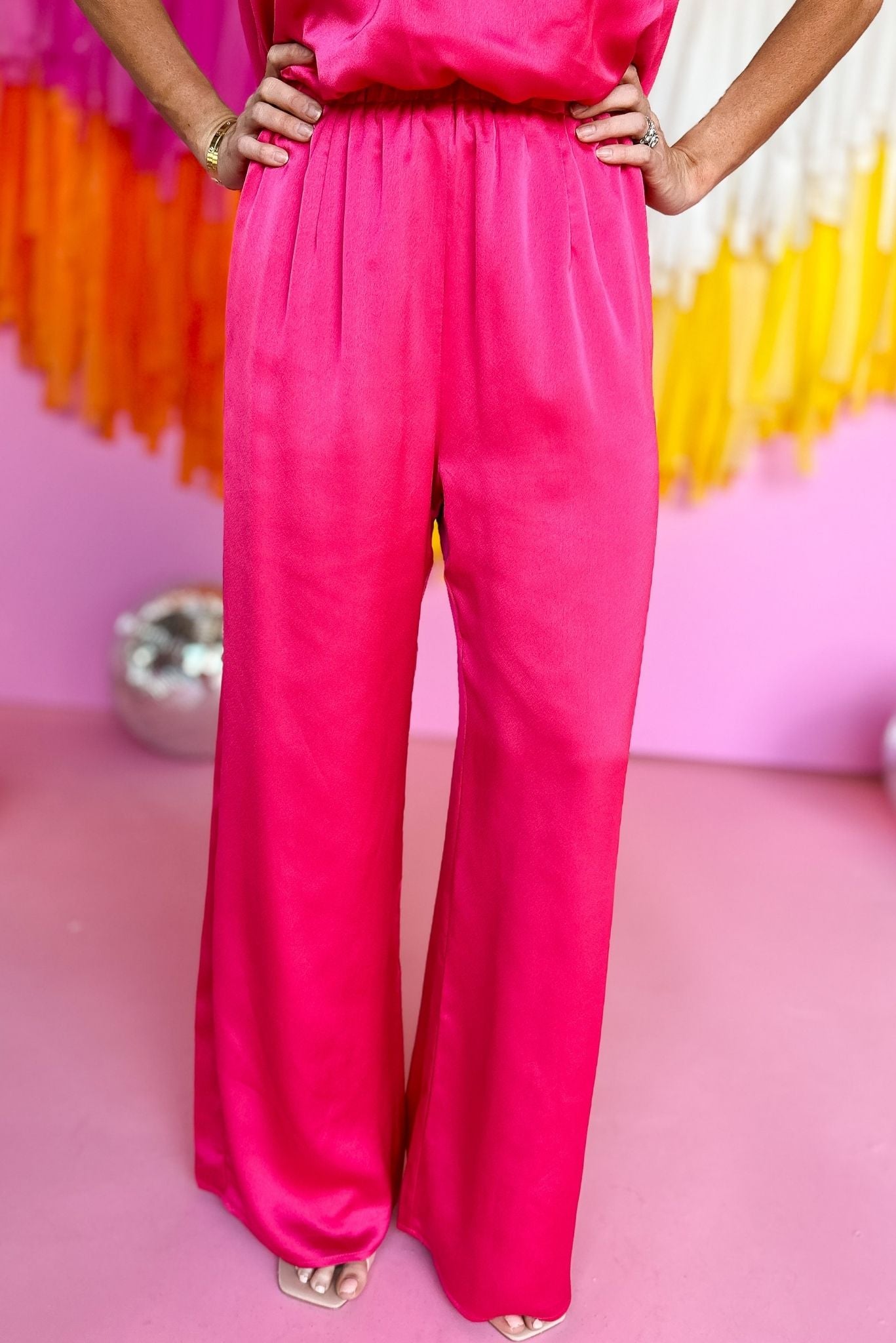 Fuchsia Pull On Satin Wide Leg Pants, summer set, matching set, must have, resort wear, chic, beach look, shop style your senses by mallory fitzsimmons
