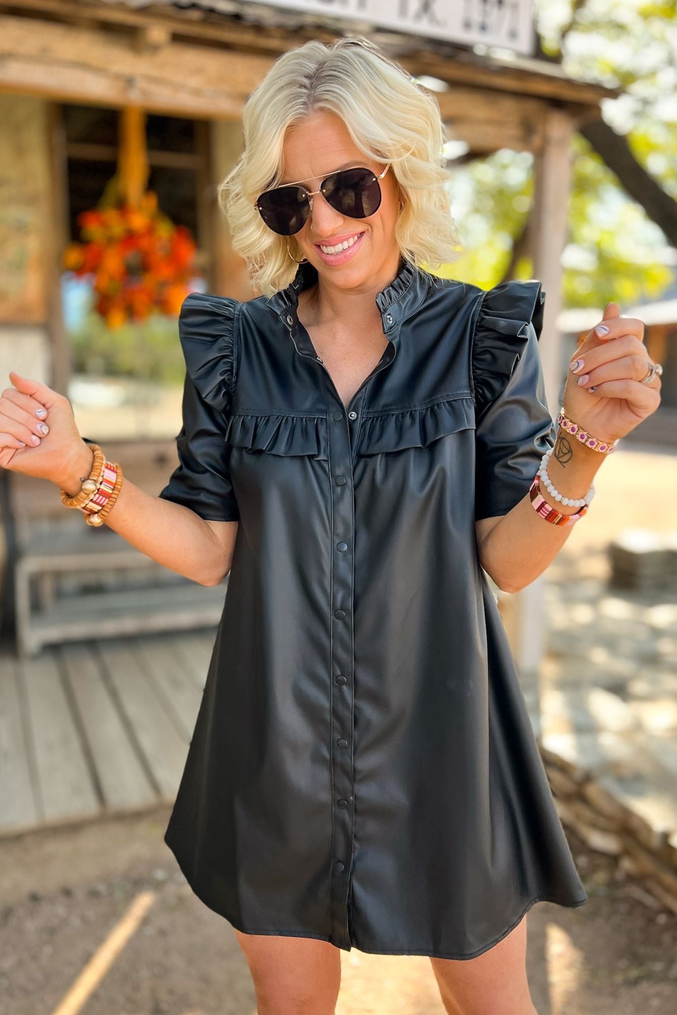 Black Faux Leather Ruffle Hem Button Up Dress, elevated look, mom style, chic, edgy look, date night look, faux leather, shop style your senses by mallory fitzsimmons