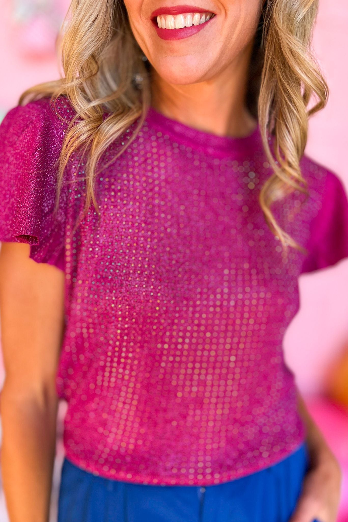 Load image into Gallery viewer, Fuchsia Ruffle Short Sleeve Embellished Sweater, holiday look, must have, embellished detail, holiday glam, glitz, chic, mom style, shop style your senses by mallory fitzsimmons
