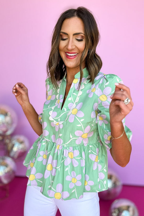 Load image into Gallery viewer, Karlie Green Daisy Printed V Neck Puff Sleeve Peplum Top, summer look, peplum, pleat detail, scallop collar, shop style your senses by mallory fitzsimmons
