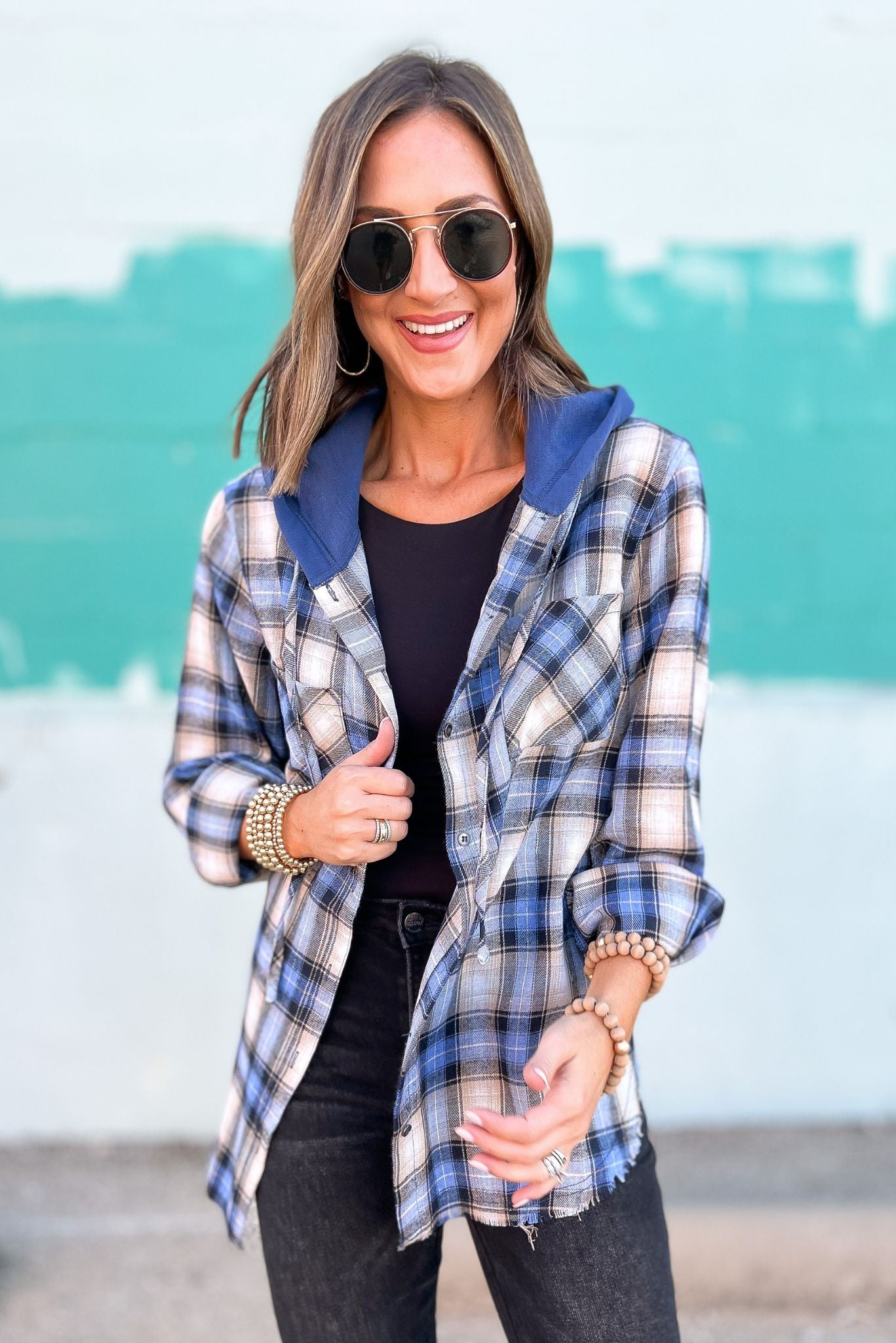 Load image into Gallery viewer, Blue Plaid Button Up Hoodie Shacket, fall essential, transition piece, every day wear, mom style, shop style your senses by mallory fitzsimmons 

