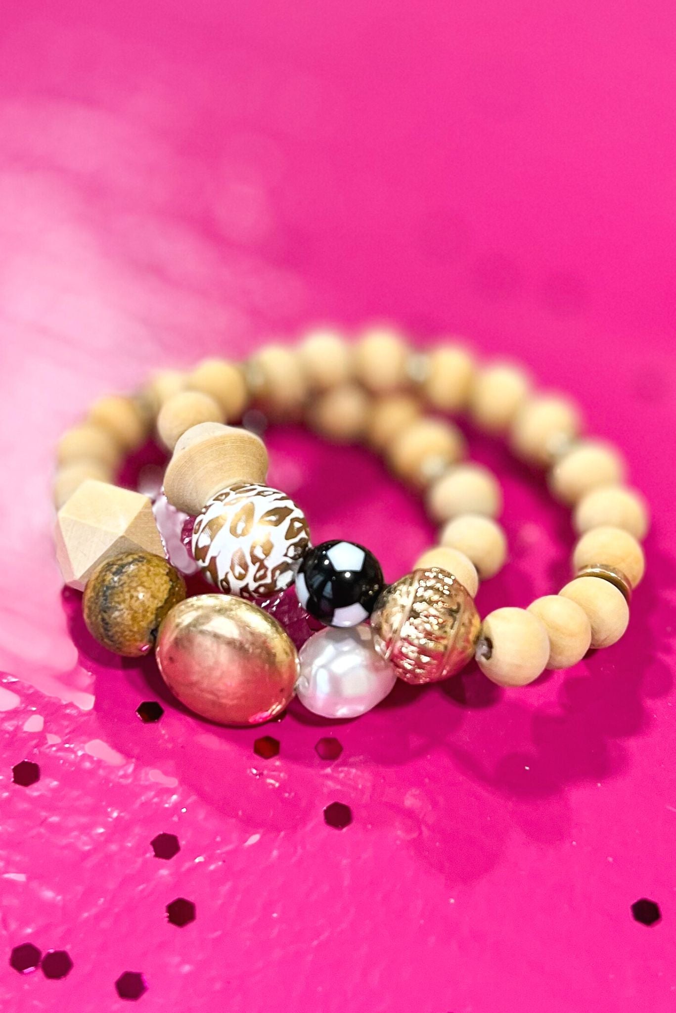 Load image into Gallery viewer, Tan Wooden Bead Gold Pearl Detail Bracelet Stack fall fashion, must have, mom style, elevated look, date night, shop style your senses by mallory fitzsimmons
