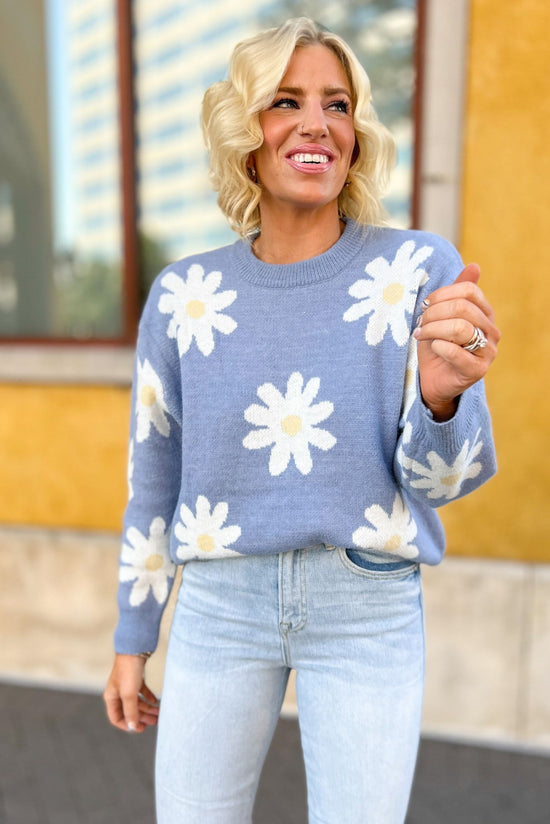 Blue Daisy Ribbed Hem Sweater, fall fashion, fall must have, layered look, elevated look, mom style, shop style your senses by mallory fitzsimmons