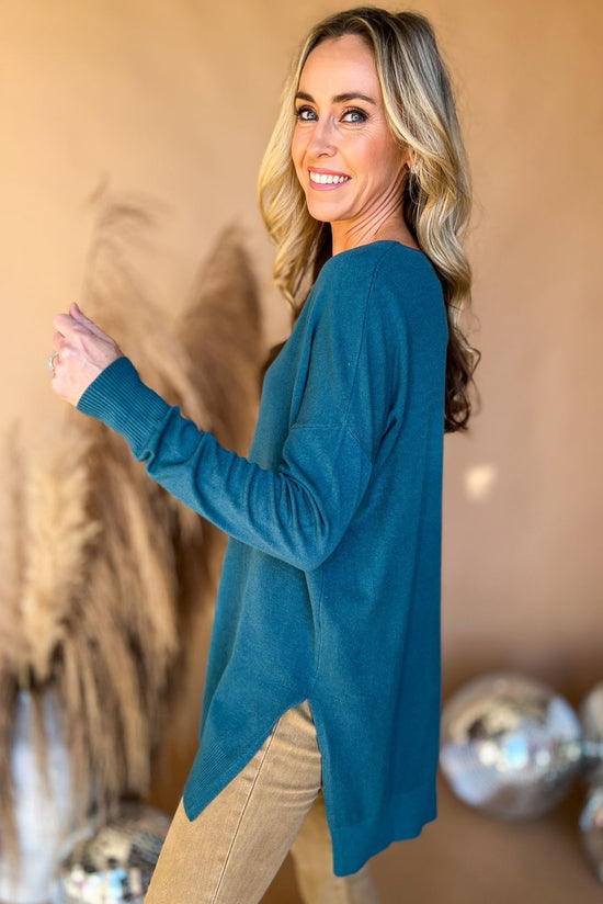 Load image into Gallery viewer, teal V Neck Front Seam Side Slit Sweater, everyday sweater, must have, front seam detail, mom style, elevated look, shop style your senses by mallory fitzsimmons
