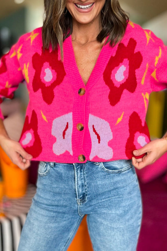 Load image into Gallery viewer, Hot Pink Floral V Neck Button Up Cardigan, fall fashion, must have, button up cardigan, sweater weather, mom style, shop style your senses by mallory fitzsimmons
