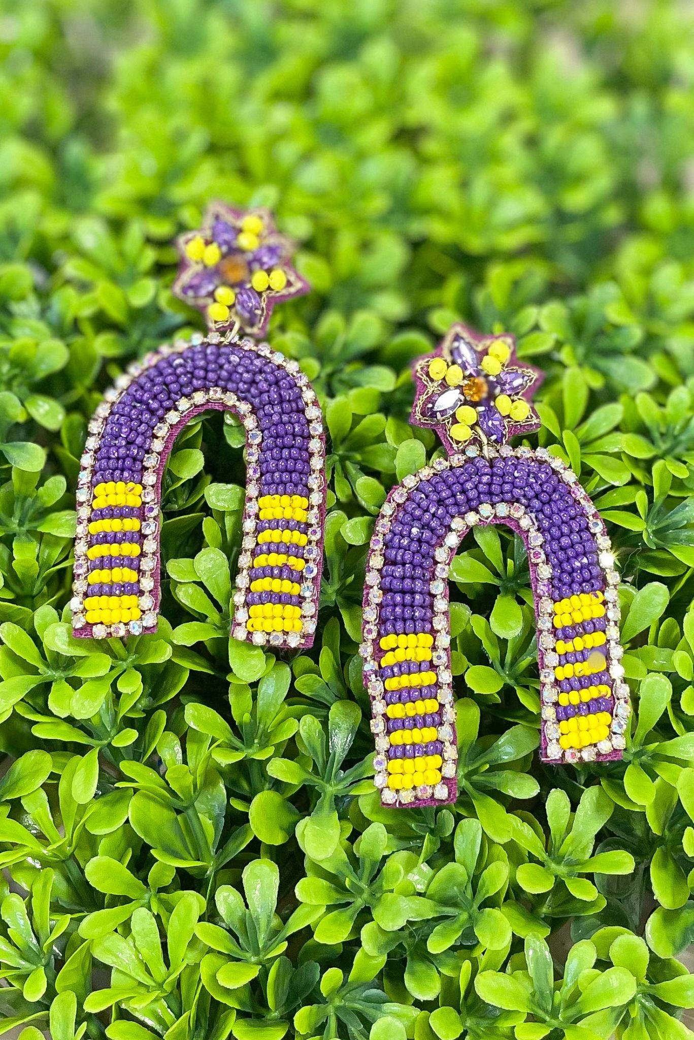 Purple Yellow Beaded Arch Earrings, game day ready, teacher must have, spirit wear, must have accessory, easy to wear, mom style, shop style your senses by mallory fitzsimmons