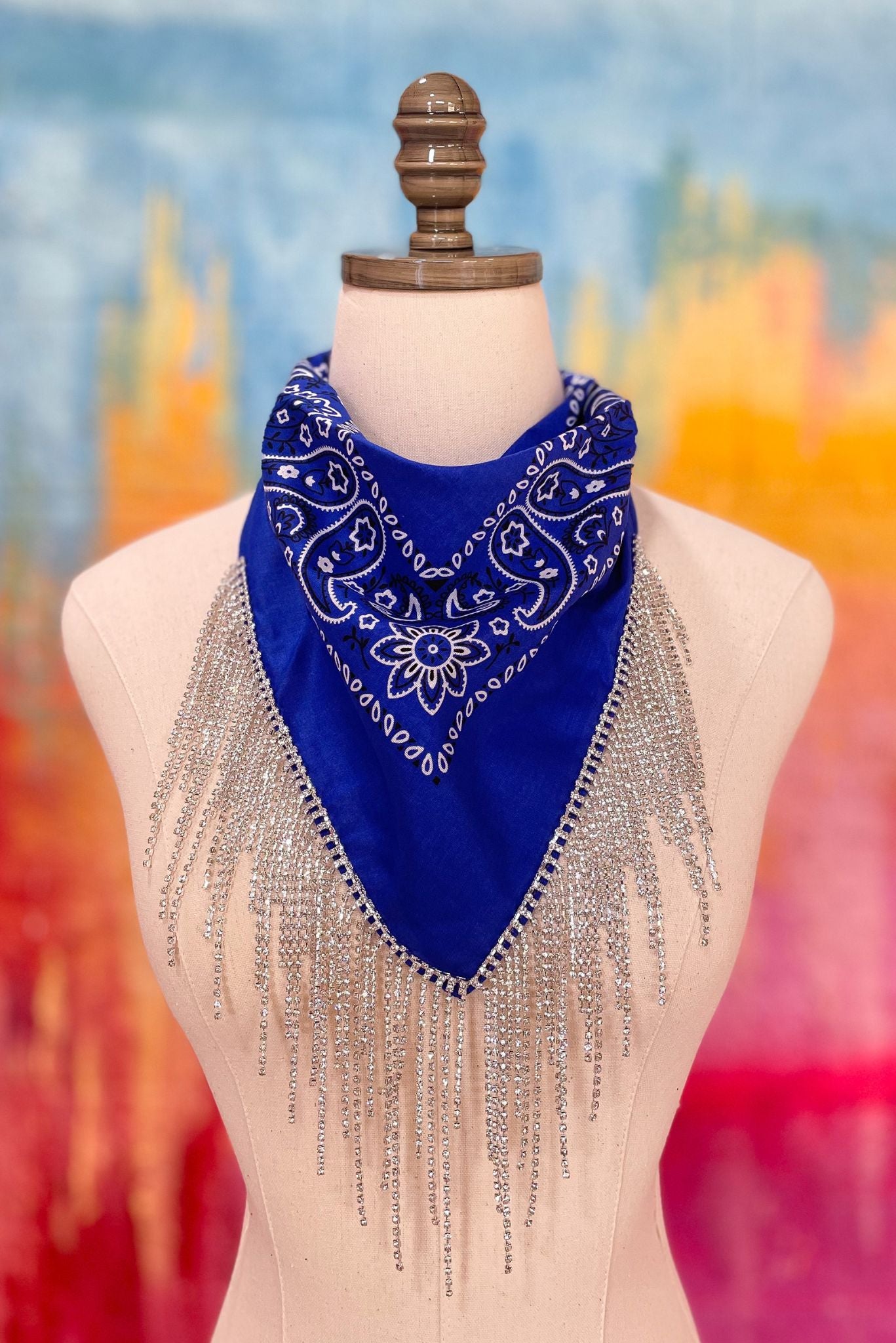 Load image into Gallery viewer, Royal Blue Rhinestone Fringe Bandana, concert ready, must have accessory, fall transition piece, mom style, updated bandana, shop style your senses by mallory fitzsimmons
