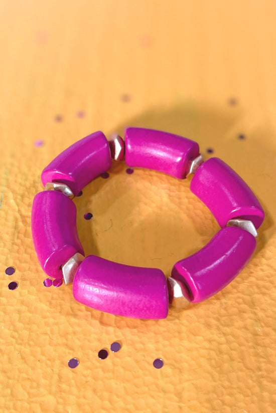 Load image into Gallery viewer, Fuchsia Wooden Link Gold Bead Bracelet
