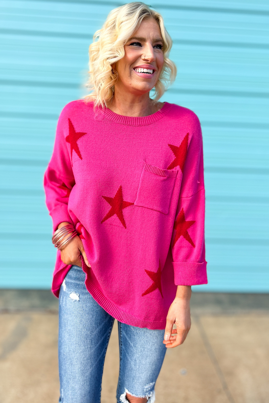 hot pink red star 3/4 sleeve sweater, trendy fashion, shop style your senses by mallory fitzsimmons