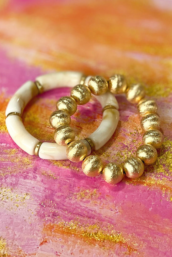 Load image into Gallery viewer, Shiny Gold Beaded Ivory Tube Bracelet Stack

