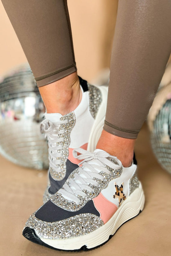 Load image into Gallery viewer, Grey Glitter Animal Print Star Sneakers, athleisure, everyday wear, star detail, glitter detail, mom style, shop style your senses by mallory fitzsimmons
