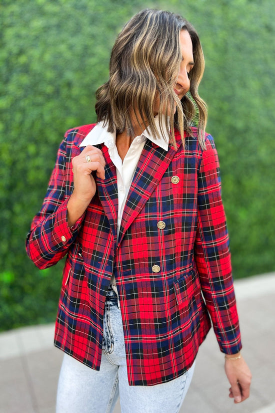 Load image into Gallery viewer, Red Navy Plaid Blazer, fall fashion, must have, statement piece, layered look, elevated look, shop style your senses by mallory fitzsimmons
