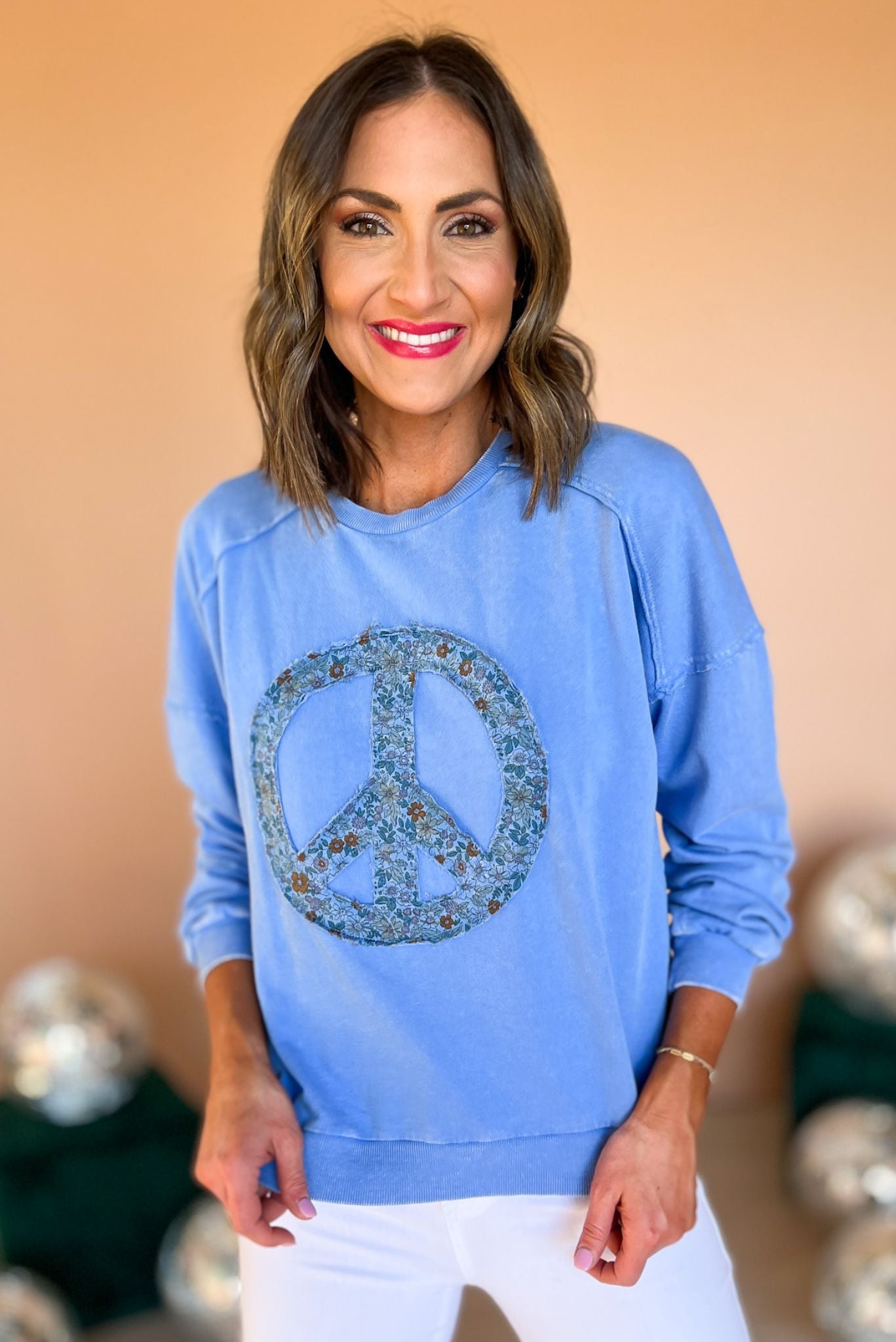 Blue Mineral Wash Peace Sign Pullover, mineral wash, floral detail, comfy, everyday wear, mom style, shop style your senses by mallory fitzsimmons