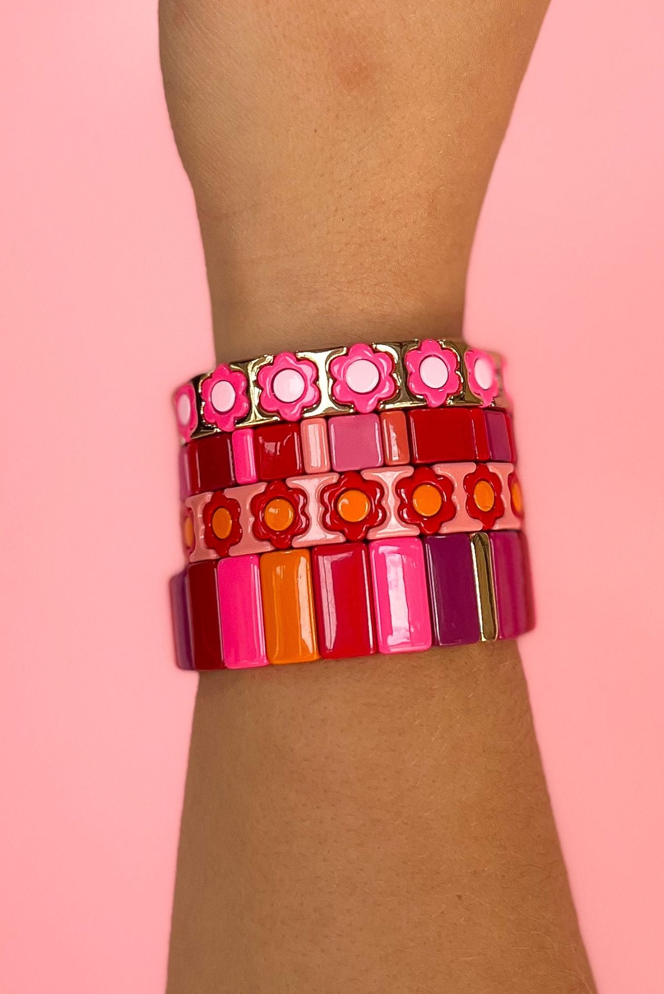 Load image into Gallery viewer, gold hot pink Flower Tile Bracelet, fall fashion, fall stack, must have, elevated look, elevated stack, mom style, shop style your senses by mallory fitzsimmons
