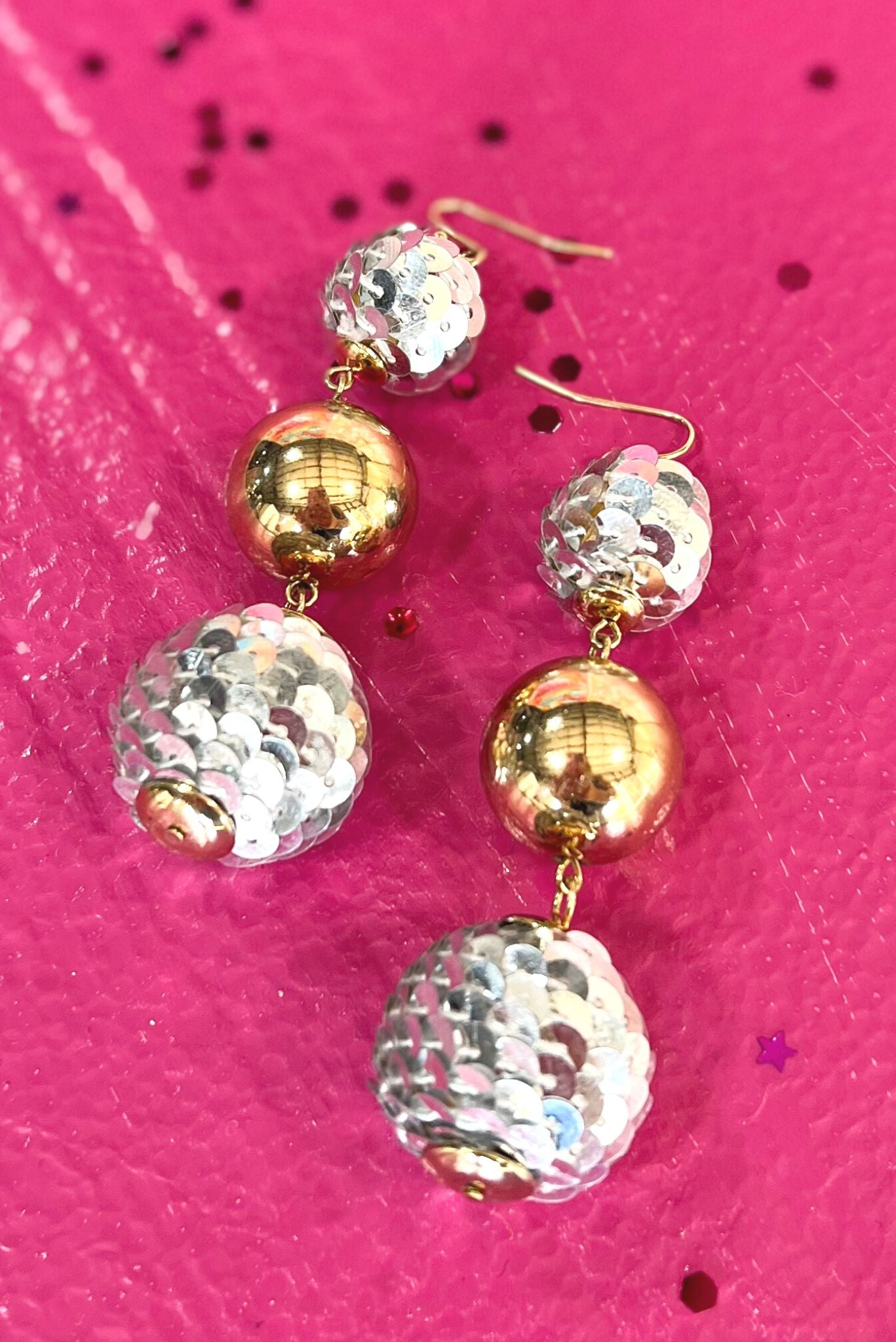 Load image into Gallery viewer, Silver Sequin and Gold Triple Ball Dangle Earrings, holiday jewelry, must have, glam, glitz, holiday party, shop style your senses by mallory fitzsimmons
