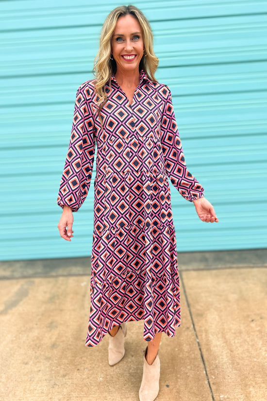 Load image into Gallery viewer, Pink Geometric Long Sleeve Collared Maxi Dress SSYS The Label, fall fashion, custom piece, must have, mom style, fall dress, date night, shop style your senses by mallory fitzsimmons

