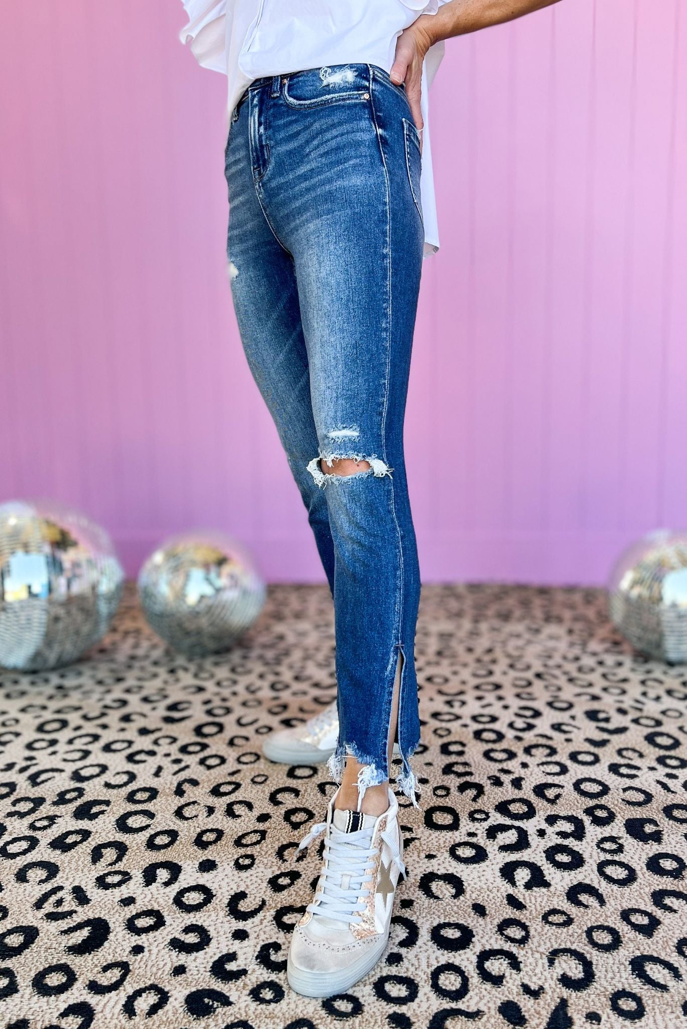 Load image into Gallery viewer, mica dark wash high rise distressed slim split crop jeans shop style your senses by mallory fitzsimmons 
