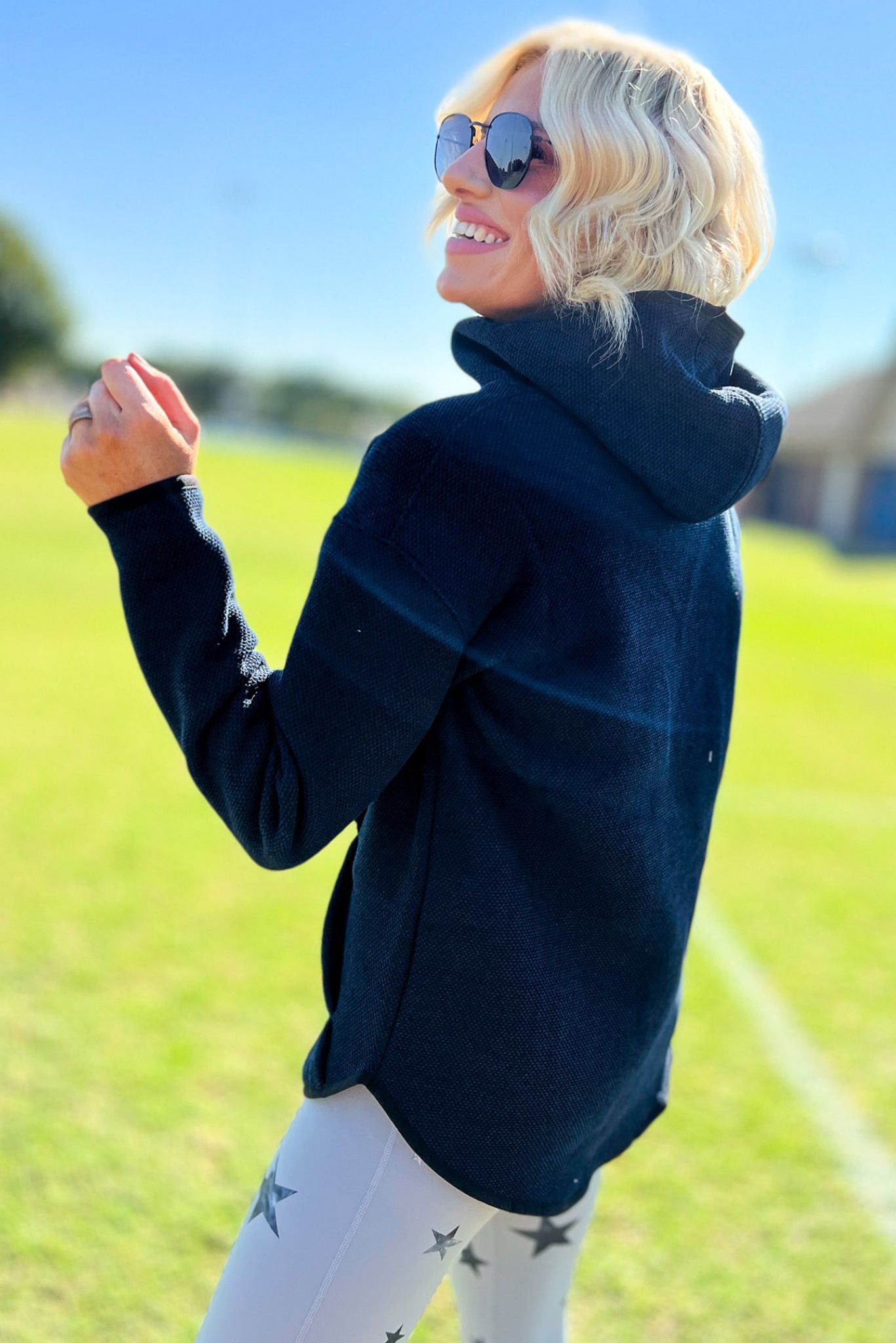 Navy High Neck Swoop Hem Hooded Pullover, must have, everyday wear, mom style, hoodie, fall basic, shop style your senses by mallory fitzsimmon