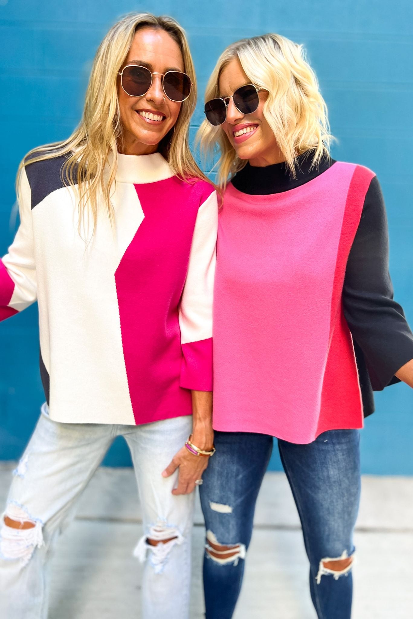Load image into Gallery viewer, Cream Pink Grey Colorblock Mock Neck Bell Sleeves Sweater, mock neck detail, fall must have, trendy, mom style, shop style your senses by mallory fitzsimmons
