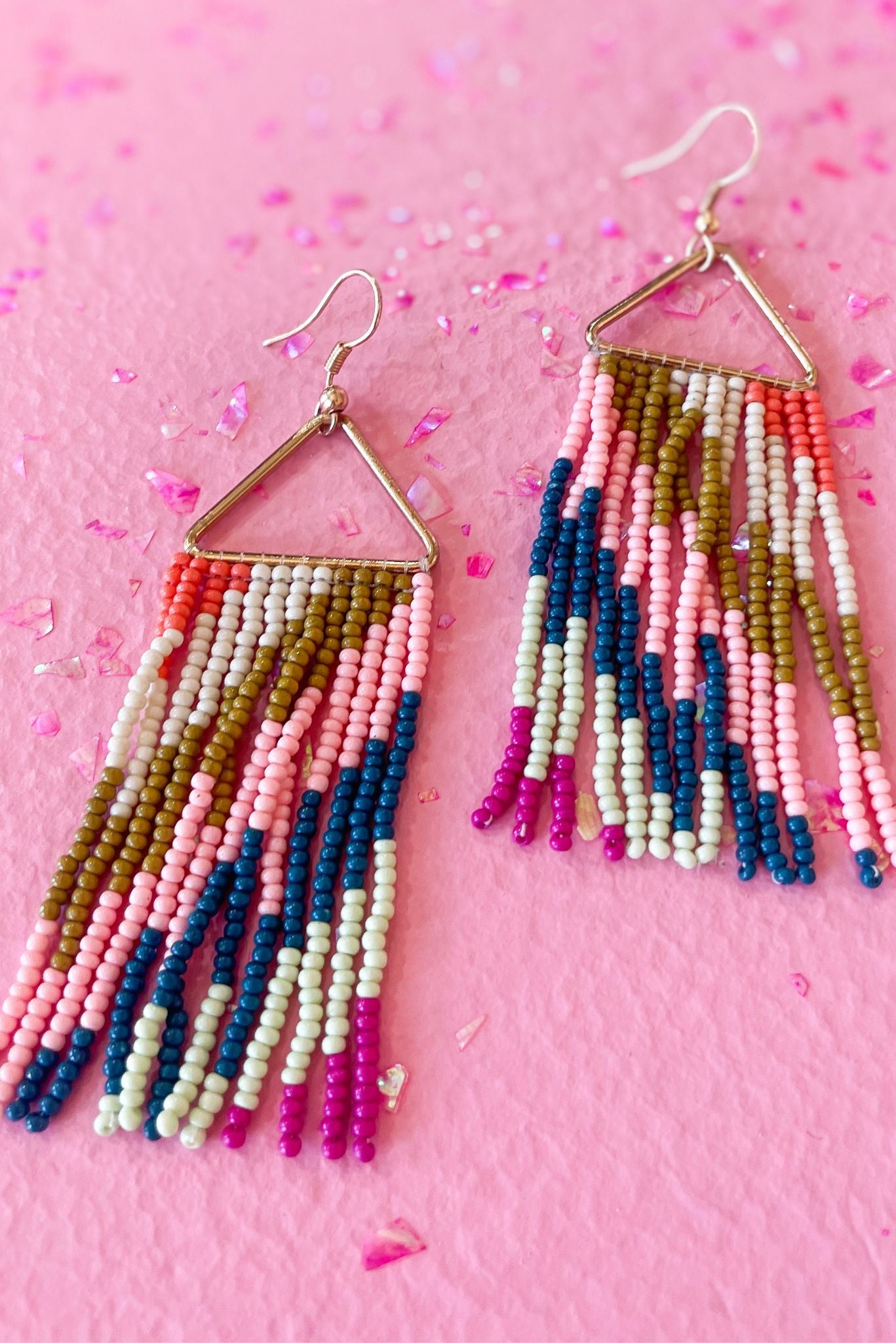 Load image into Gallery viewer, Gold Triangle With Teal, Pink, Gold Stripe Seed Bead Tassel Earrings, fall fashion, must have, elevated look, mom style, beaded detail, shop style your senses by mallory fitzsimmons
