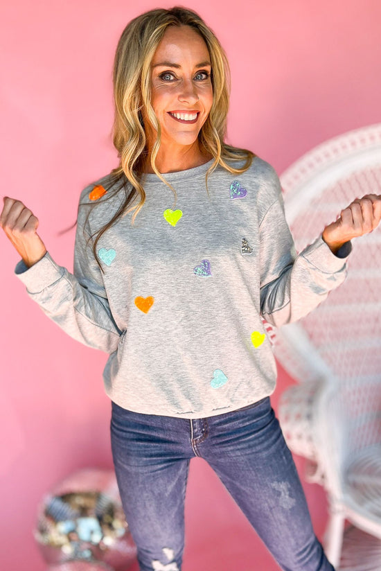 Heather Grey Colorful Sequin Heart Patch Pullover,, fall fashion, must have, sweater weather, elevated look, mom style, shop style your senses by mallory fitzsimmons