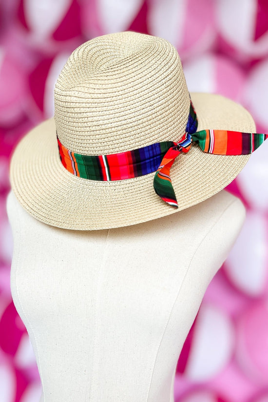 Load image into Gallery viewer, Striped Band Straw Panama Hat, beach hat, vacation look, must have, tie detail, shop style your senses by mallory fitzsimmons
