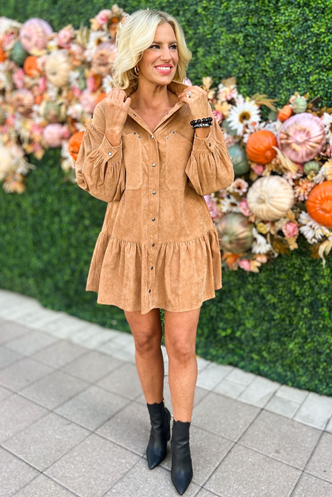 Load image into Gallery viewer, Camel Corduroy Button Down Long Sleeve Dress, fall fashion, fall must have, sweater weather, thanksgiving look, fall dress, mom style, shop style your senses by mallory fitzsimmons

