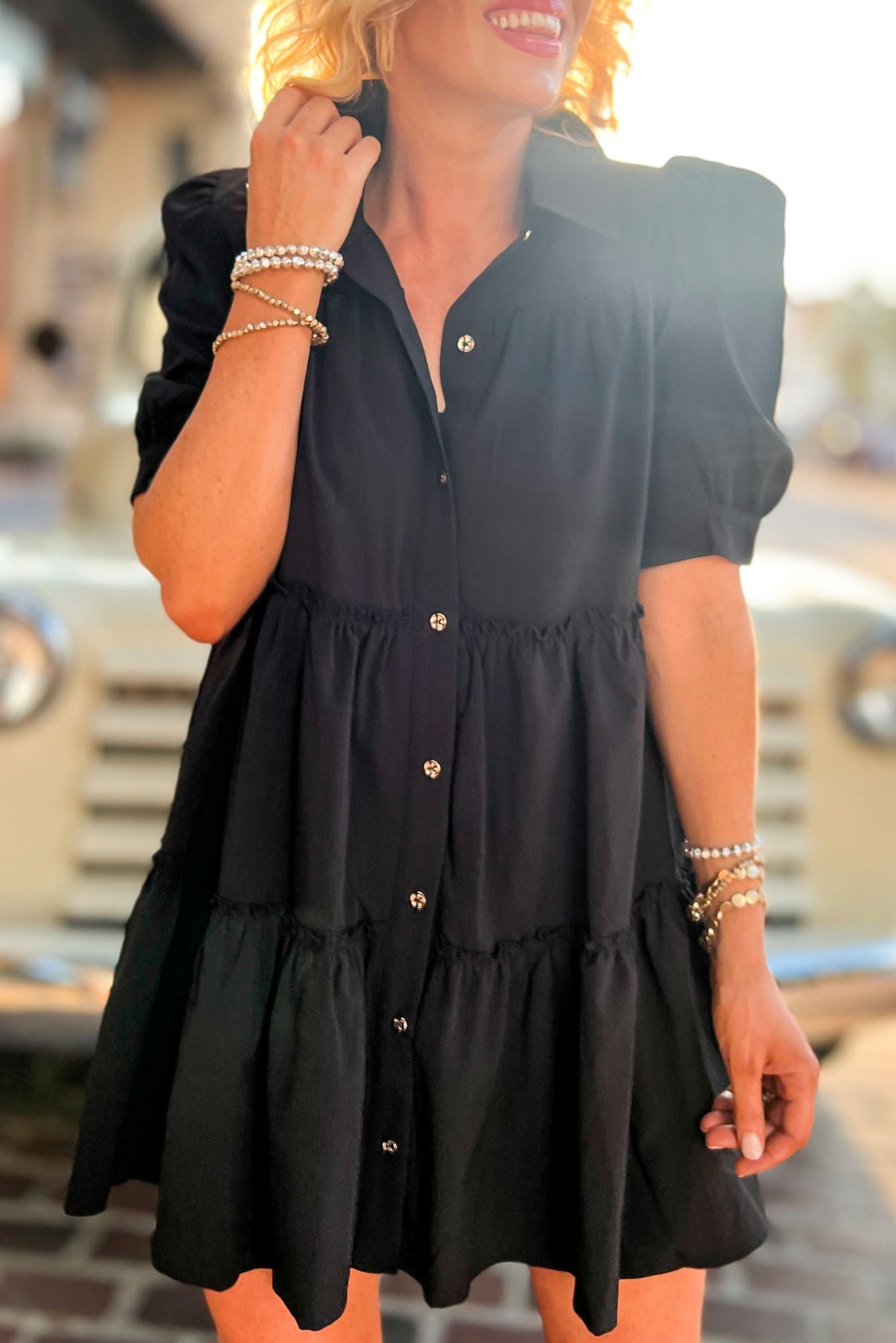 Load image into Gallery viewer, Black Bubble Sleeve Button Down Ruffle Tiered Dress, shift dress, fall color, bubble sleeve, mom style, date night, must have, shop style your senses by mallory fitzsimmons
