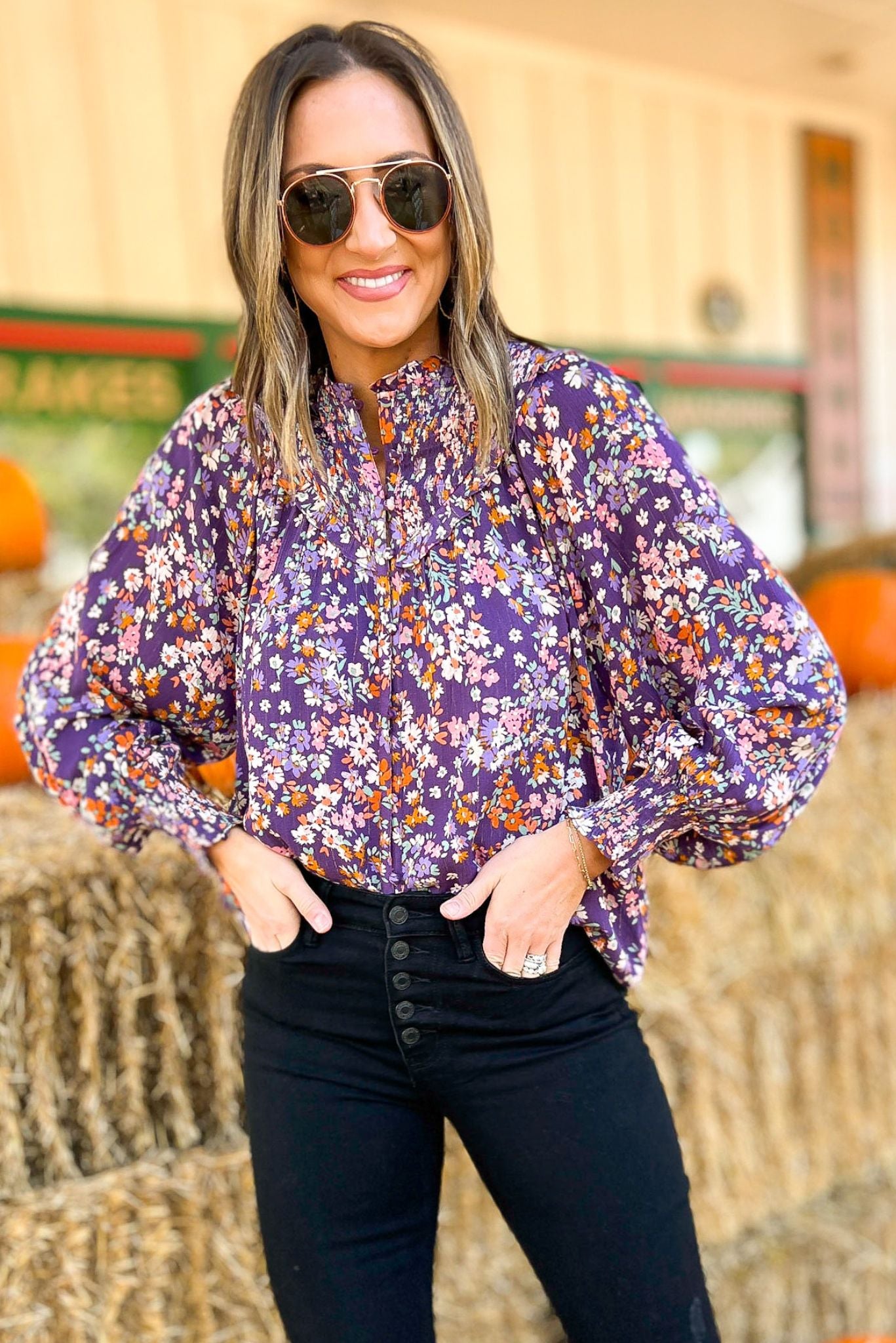 Load image into Gallery viewer, Purple Floral Ruffle Hem Button Down Top by Karlie, fall fashion, must have, layered look, elevated look, chic, mom style, shop style your senses by mallory fitzsimmons
